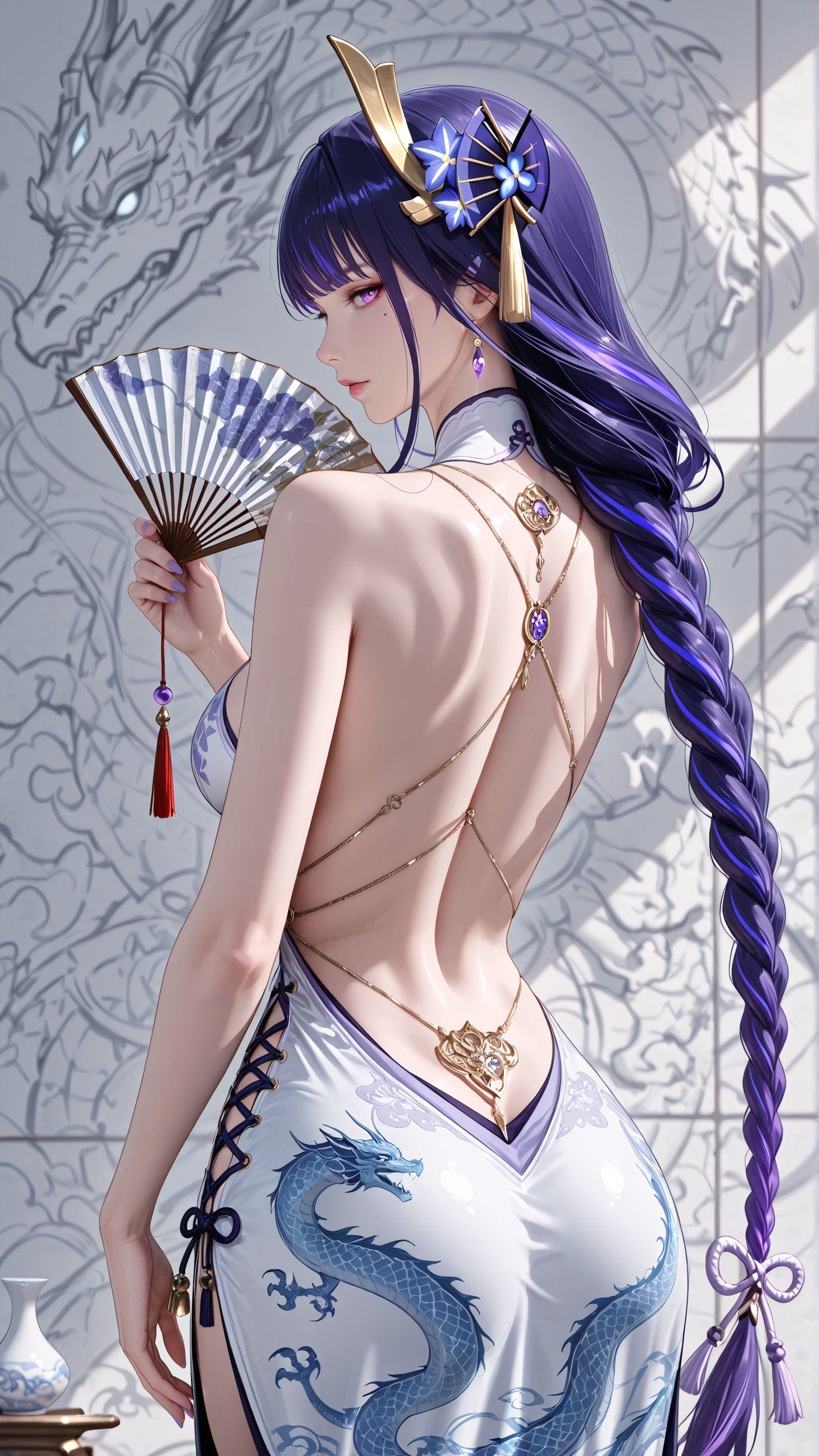 露背 旗袍 原神 国风 二次元 古风 游戏角色Ai绘画 龙-皮皮兔动漫