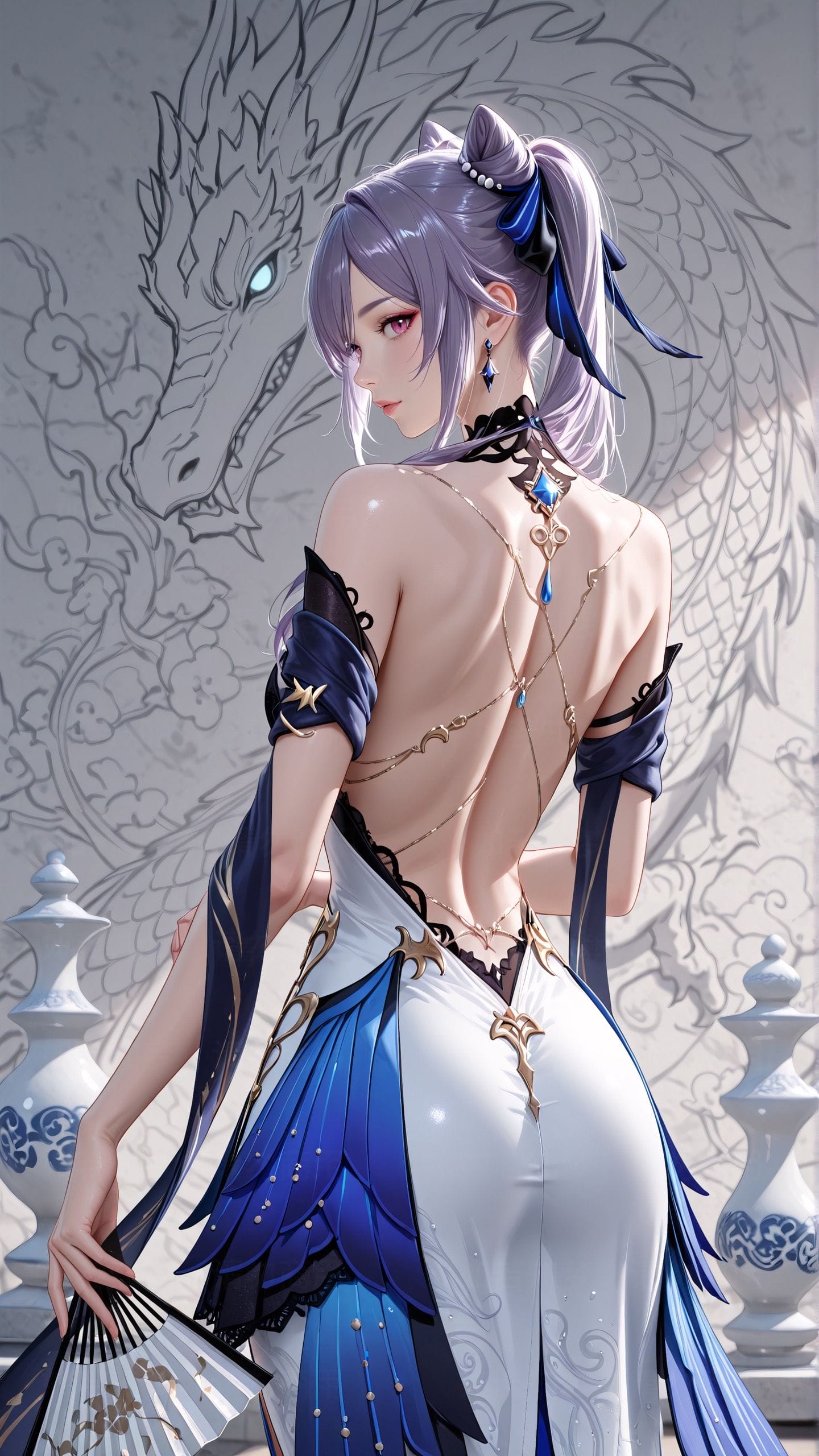 露背 旗袍 原神 国风 二次元 古风 游戏角色Ai绘画 龙