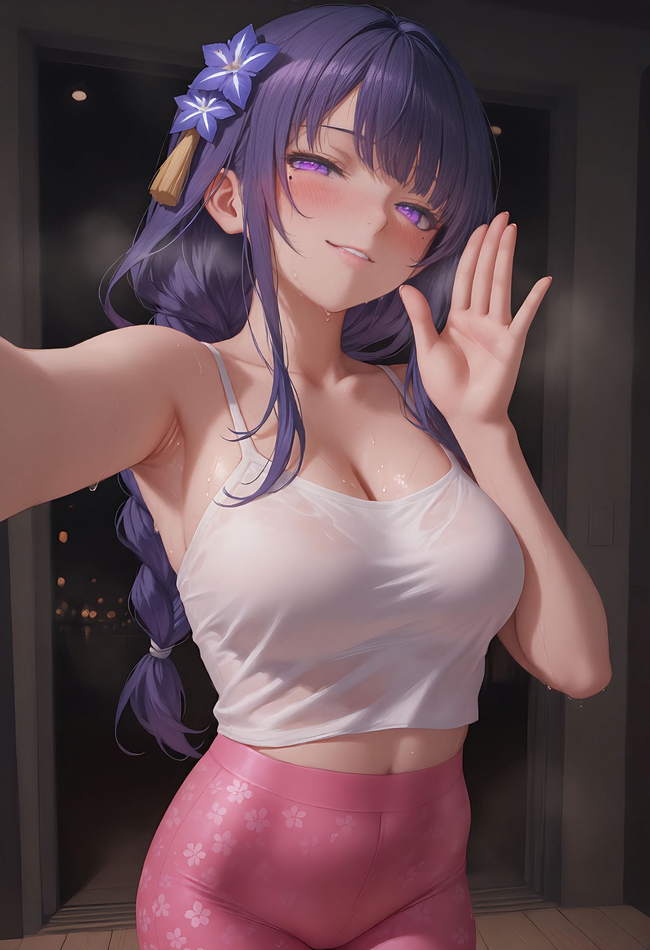 大汗淋漓运动后的自拍照！原神 雷电将军 瑜伽裤 壁纸