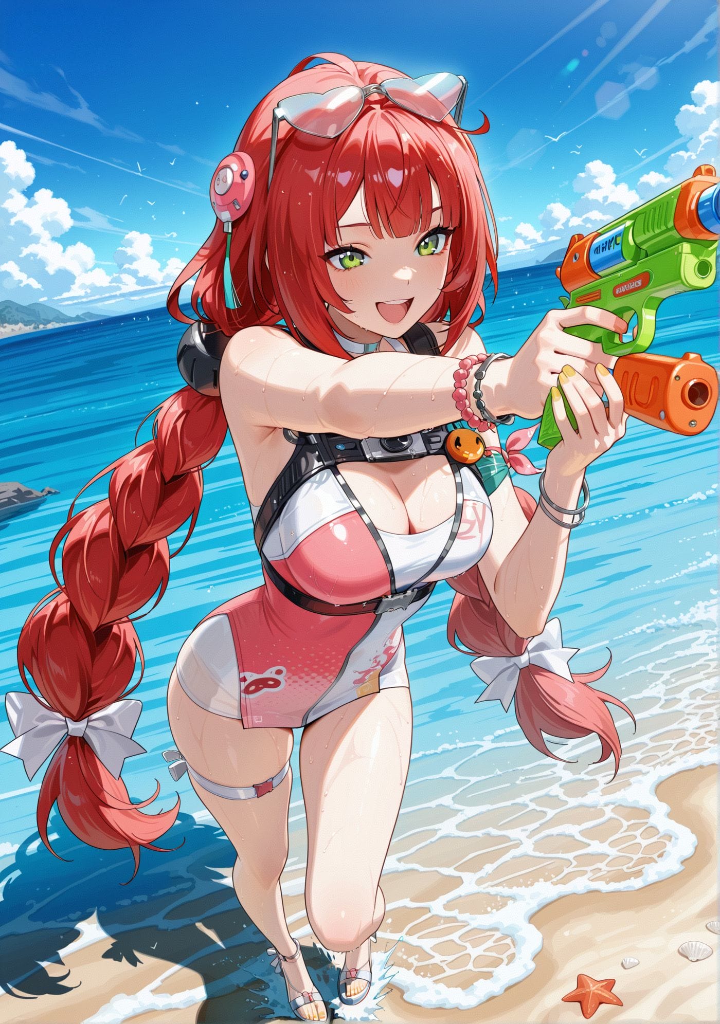 绝区零浮波柚叶 海边和柚叶一起打水枪 泳装比基尼 沙滩