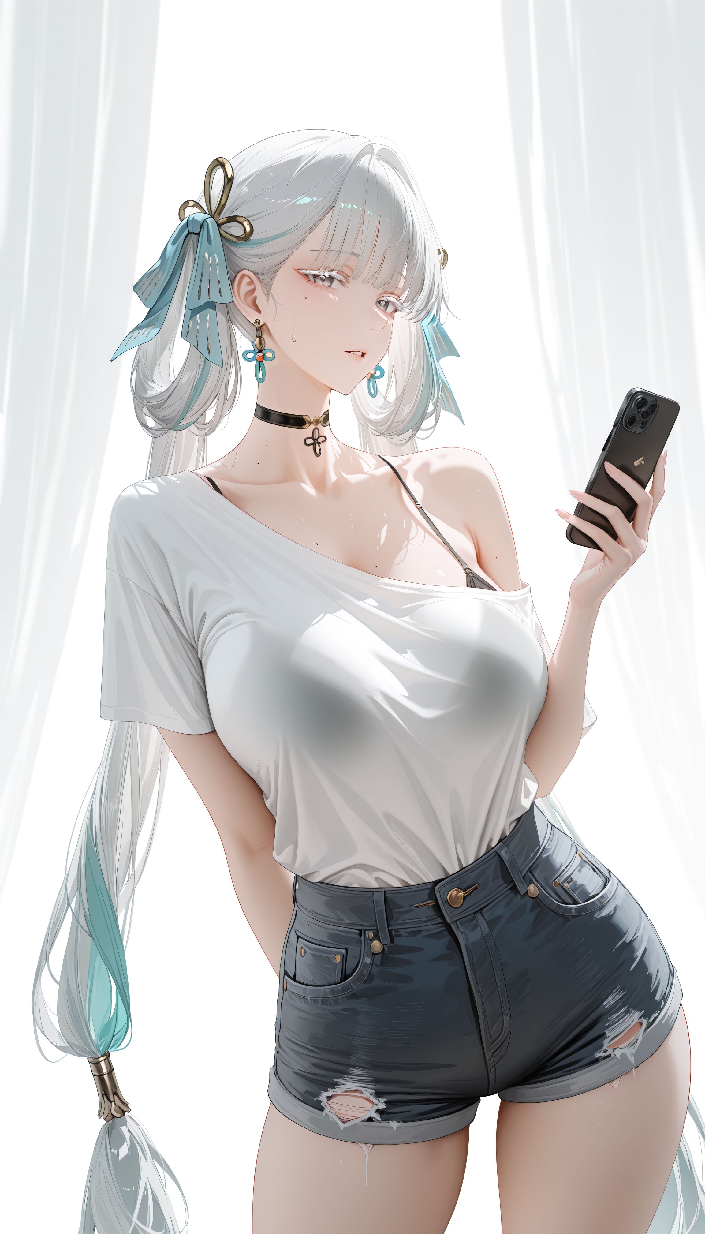 成熟御姐版今汐 鸣潮二次元游戏角色壁纸 肉肉腿 牛仔短裤 透明