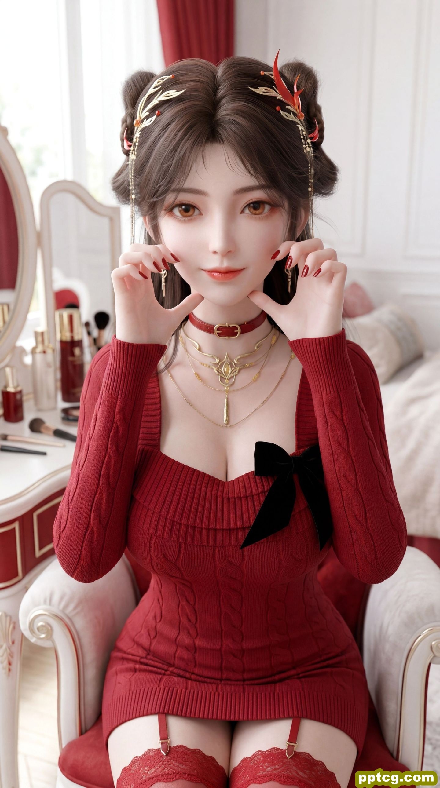 红色穿搭火灵儿 国漫美女 动漫动画完美世界 超高清全面屏壁纸 吊带丝袜