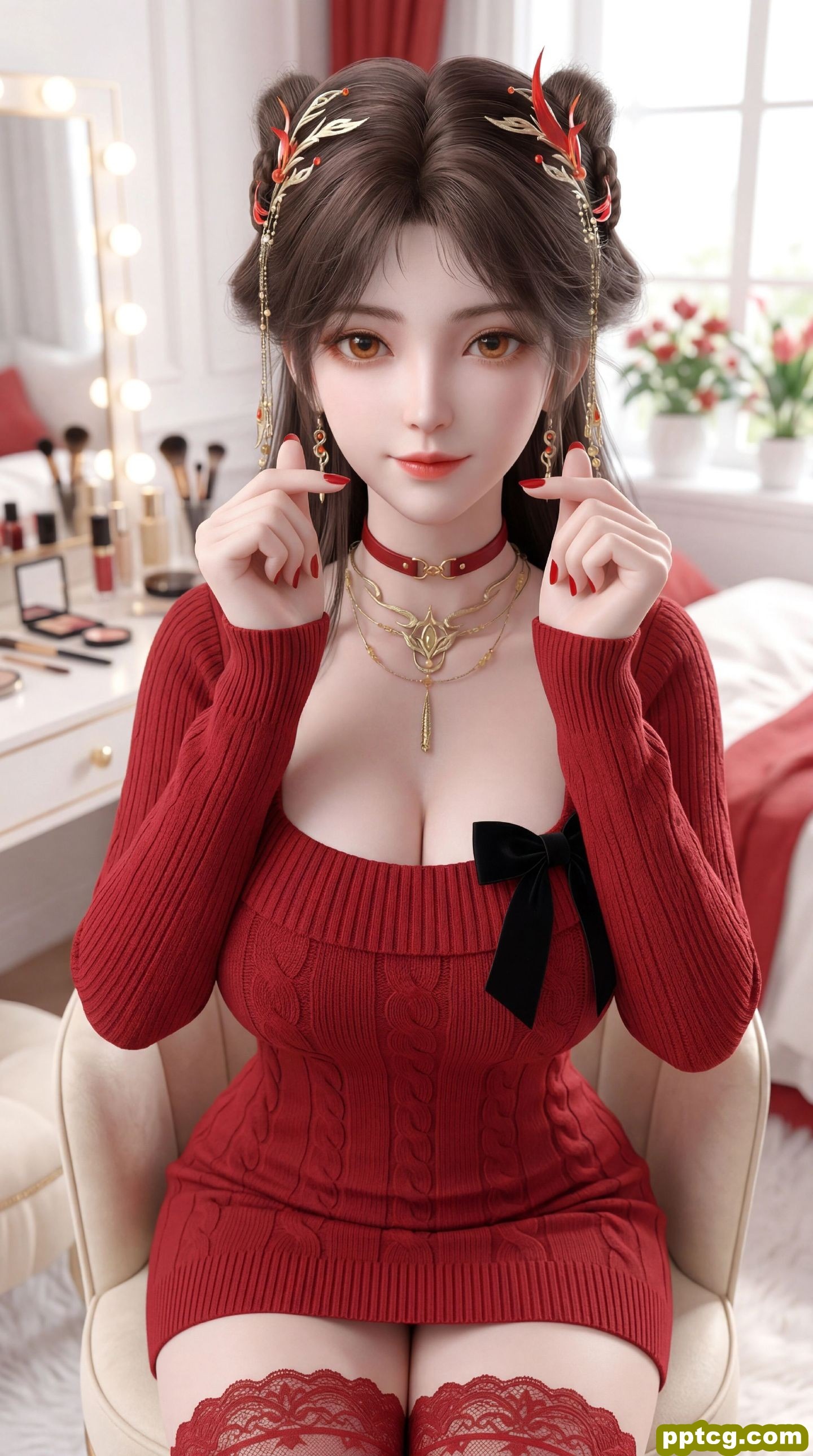 红色穿搭火灵儿 国漫美女 动漫动画完美世界 超高清全面屏壁纸 吊带丝袜