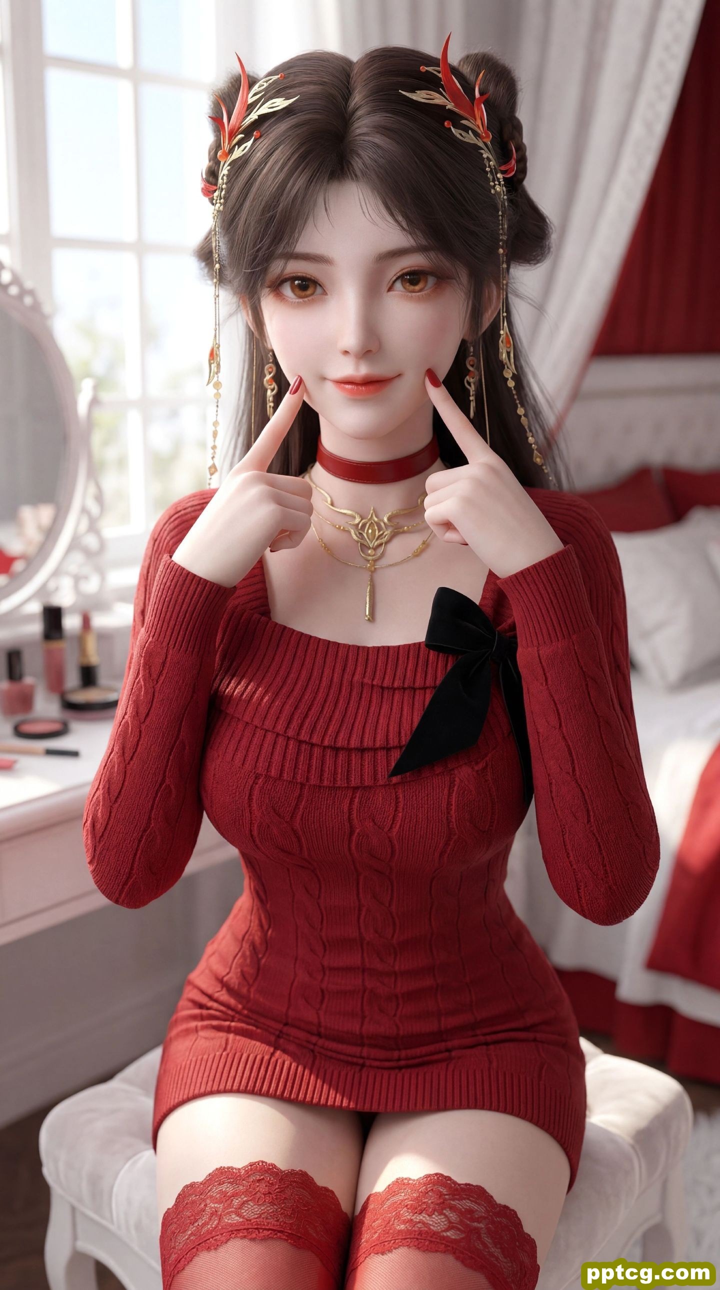 红色穿搭火灵儿 国漫美女 动漫动画完美世界 超高清全面屏壁纸 吊带丝袜