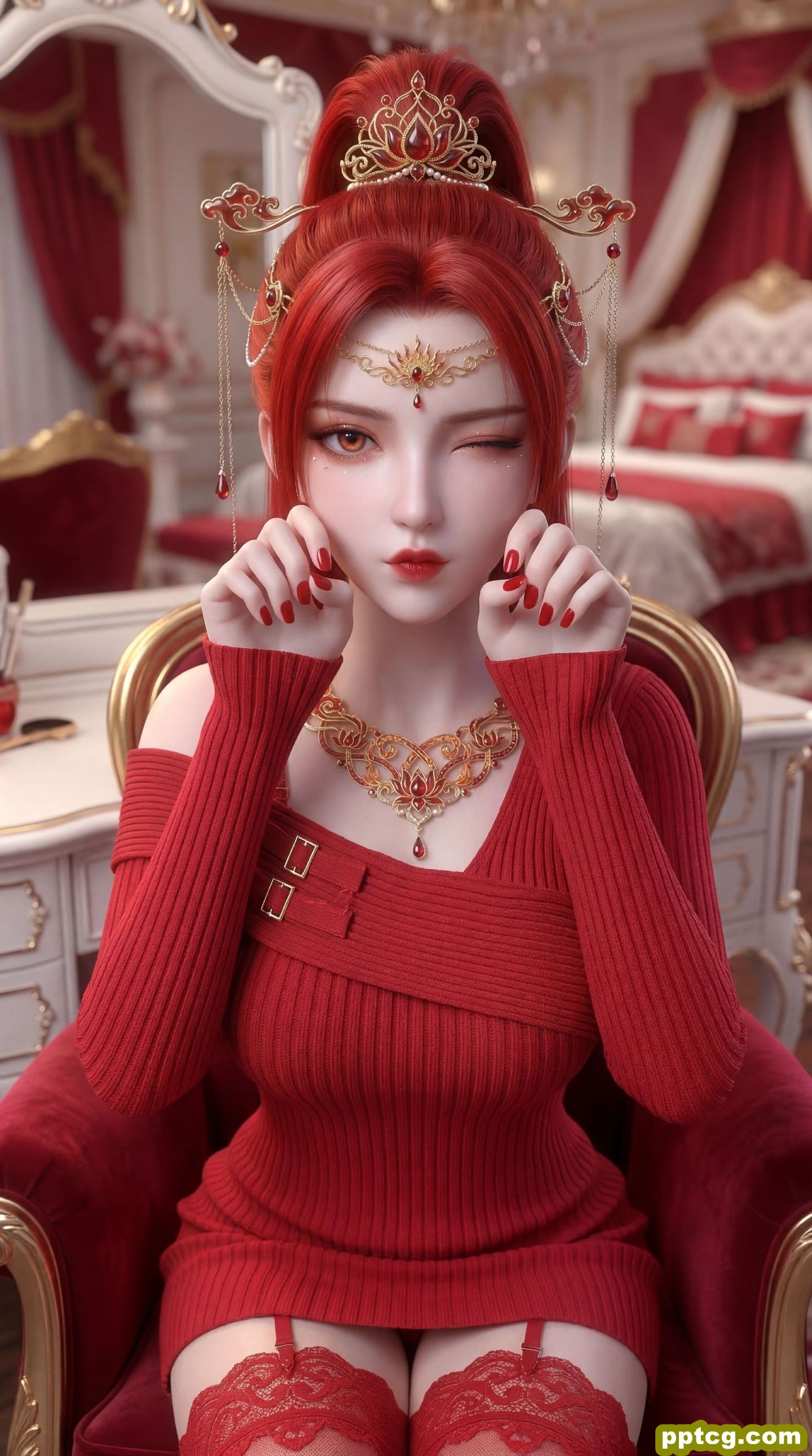 动漫国漫美女美图 红色系壁纸 丹华 蕾丝边吊带丝袜-皮皮兔动漫