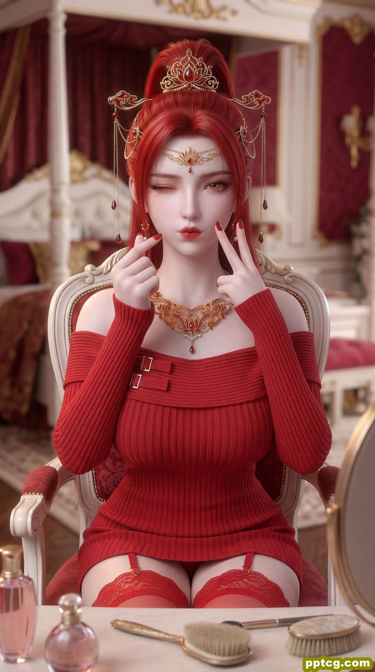 动漫国漫美女美图 红色系壁纸 丹华 蕾丝边吊带丝袜