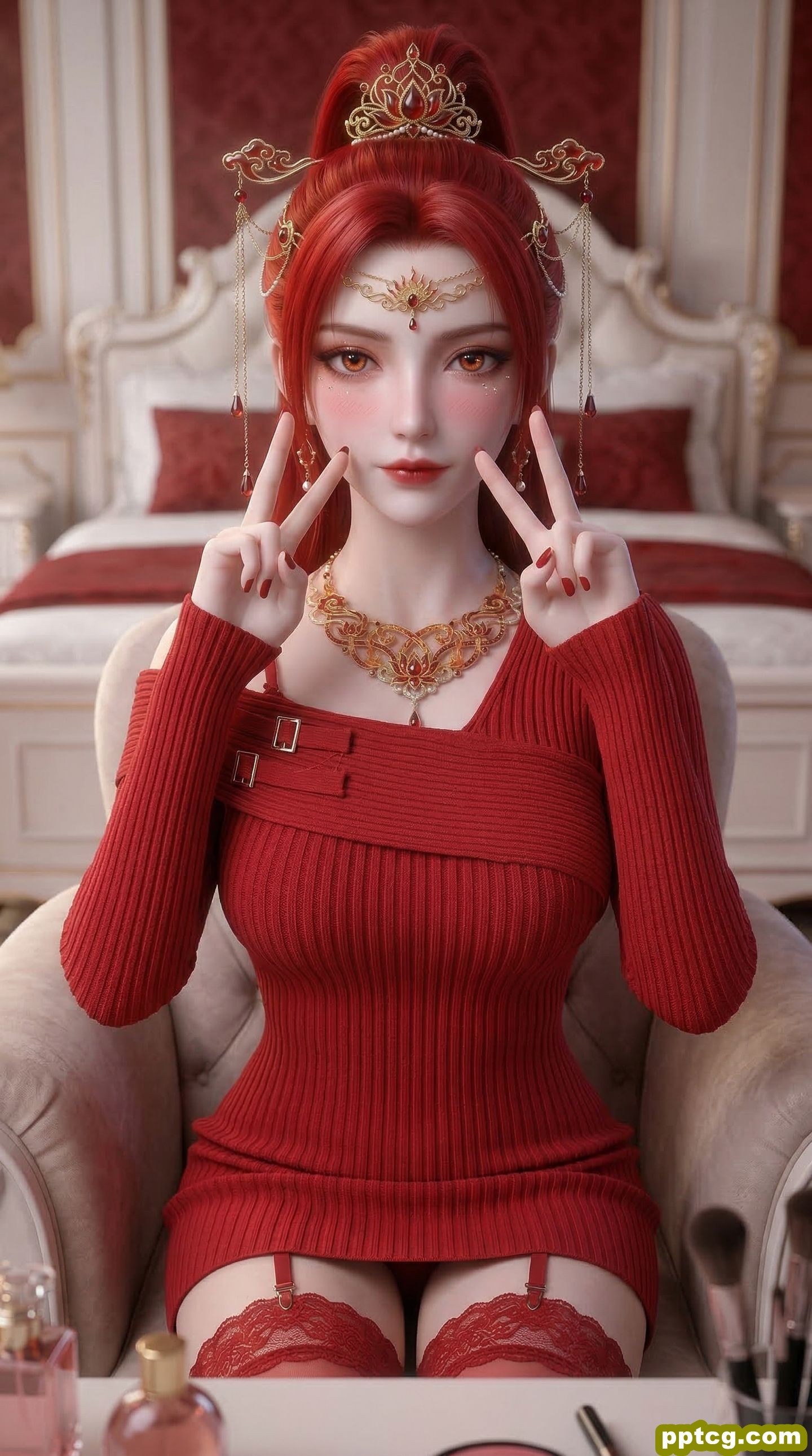 动漫国漫美女美图 红色系壁纸 丹华 蕾丝边吊带丝袜