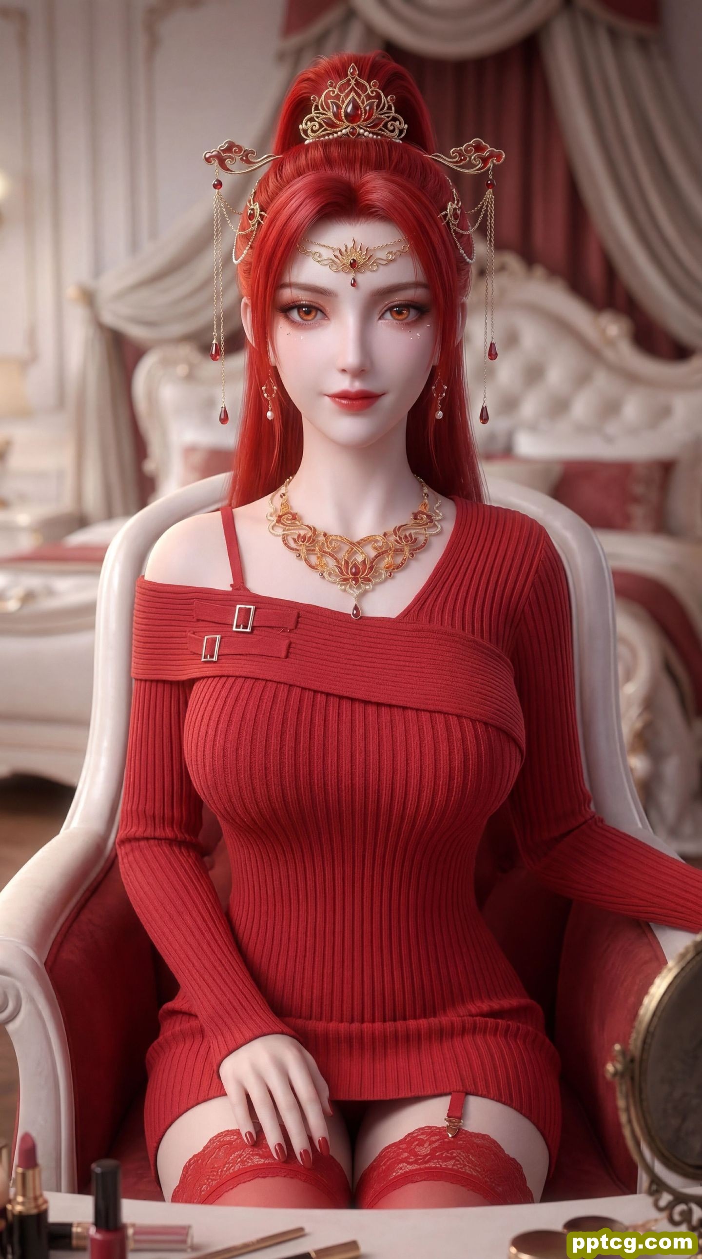 动漫国漫美女美图 红色系壁纸 丹华 蕾丝边吊带丝袜