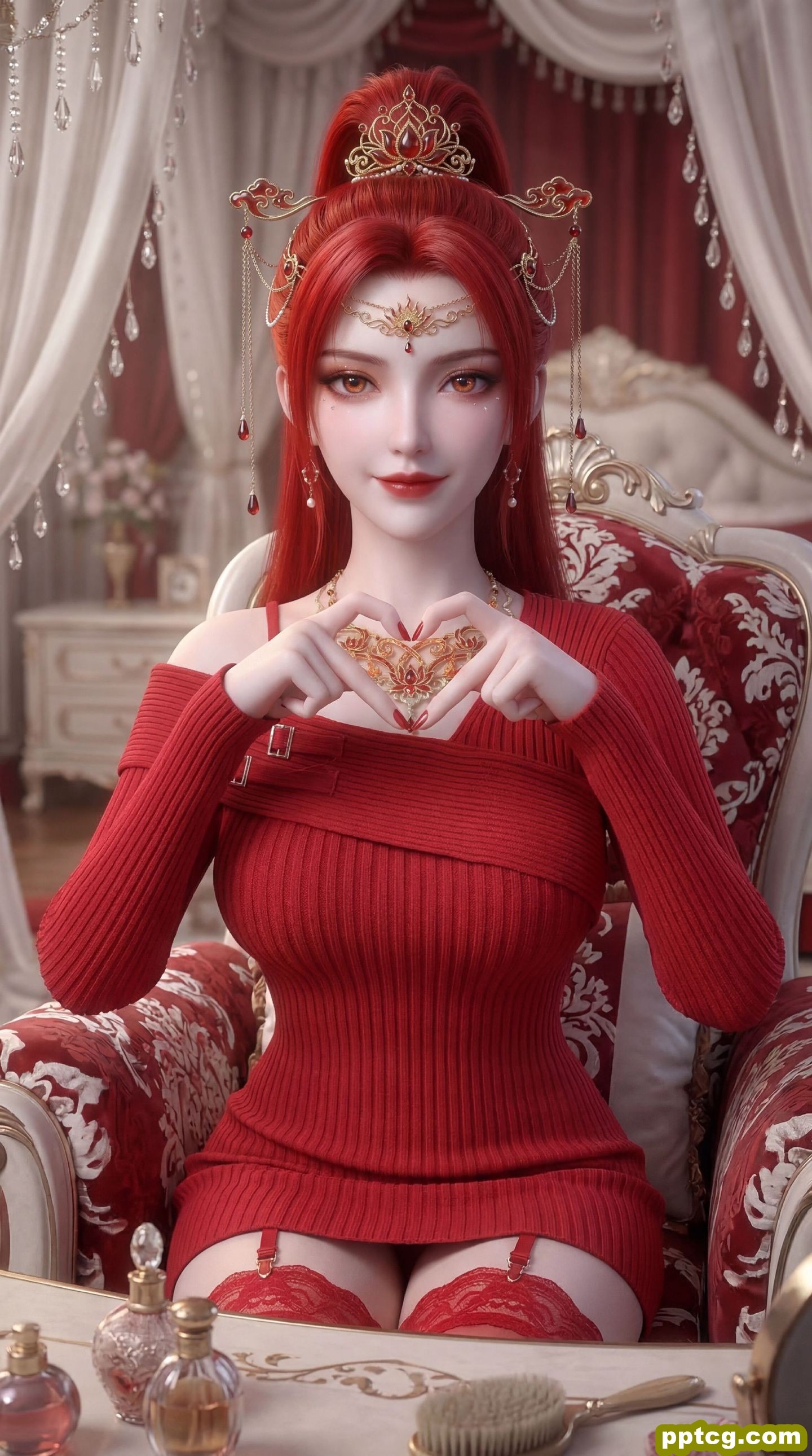 动漫国漫美女美图 红色系壁纸 丹华 蕾丝边吊带丝袜