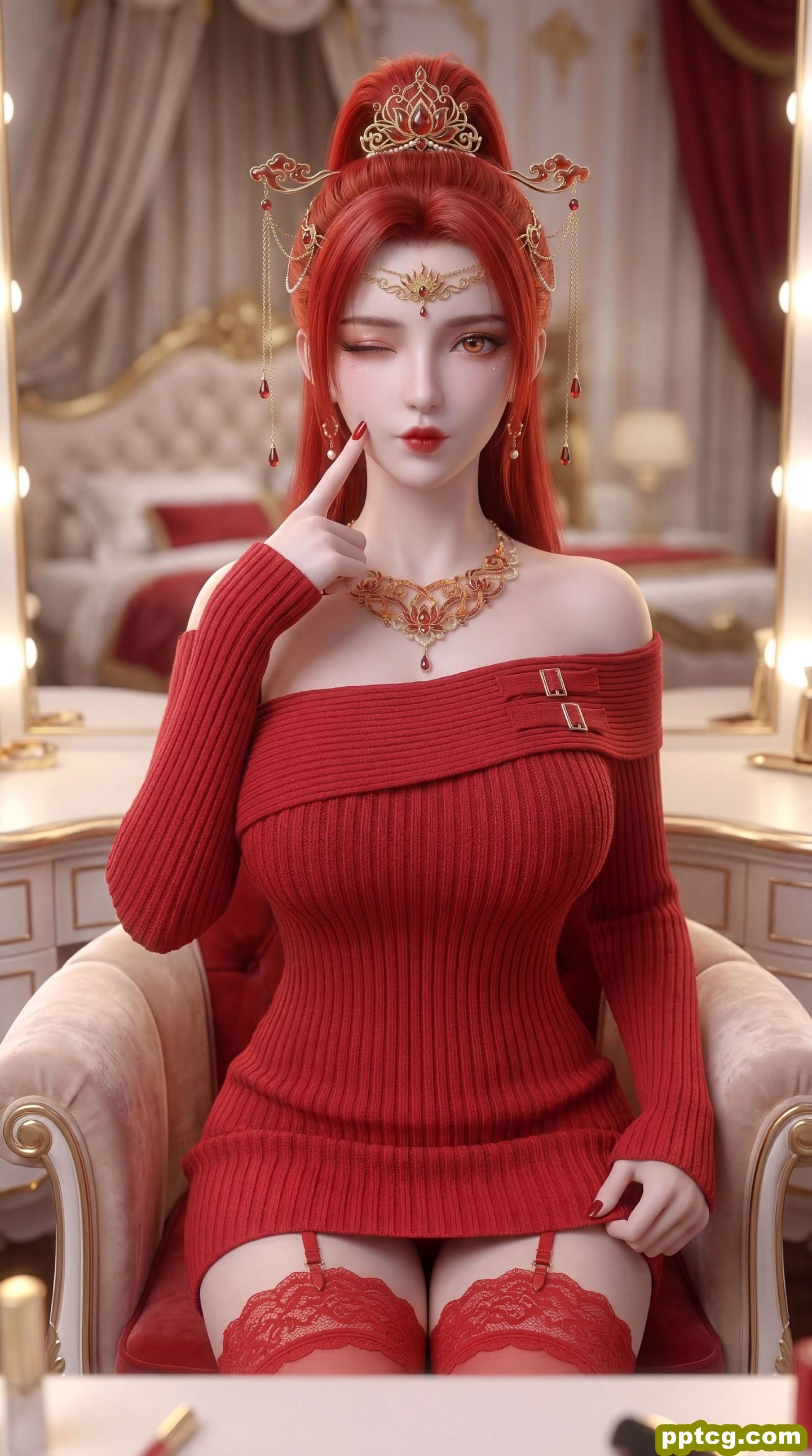 动漫国漫美女美图 红色系壁纸 丹华 蕾丝边吊带丝袜