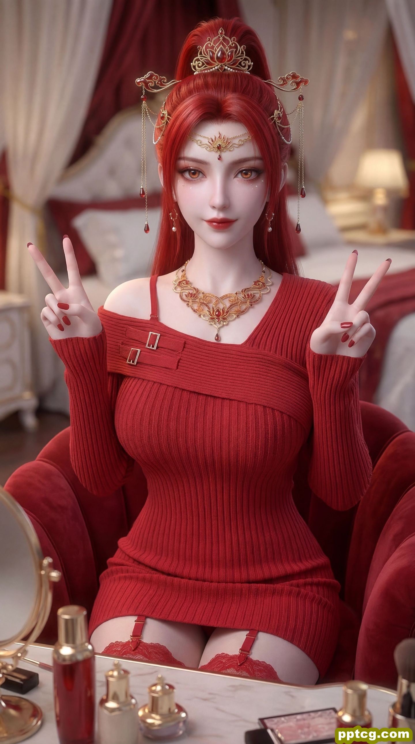 动漫国漫美女美图 红色系壁纸 丹华 蕾丝边吊带丝袜