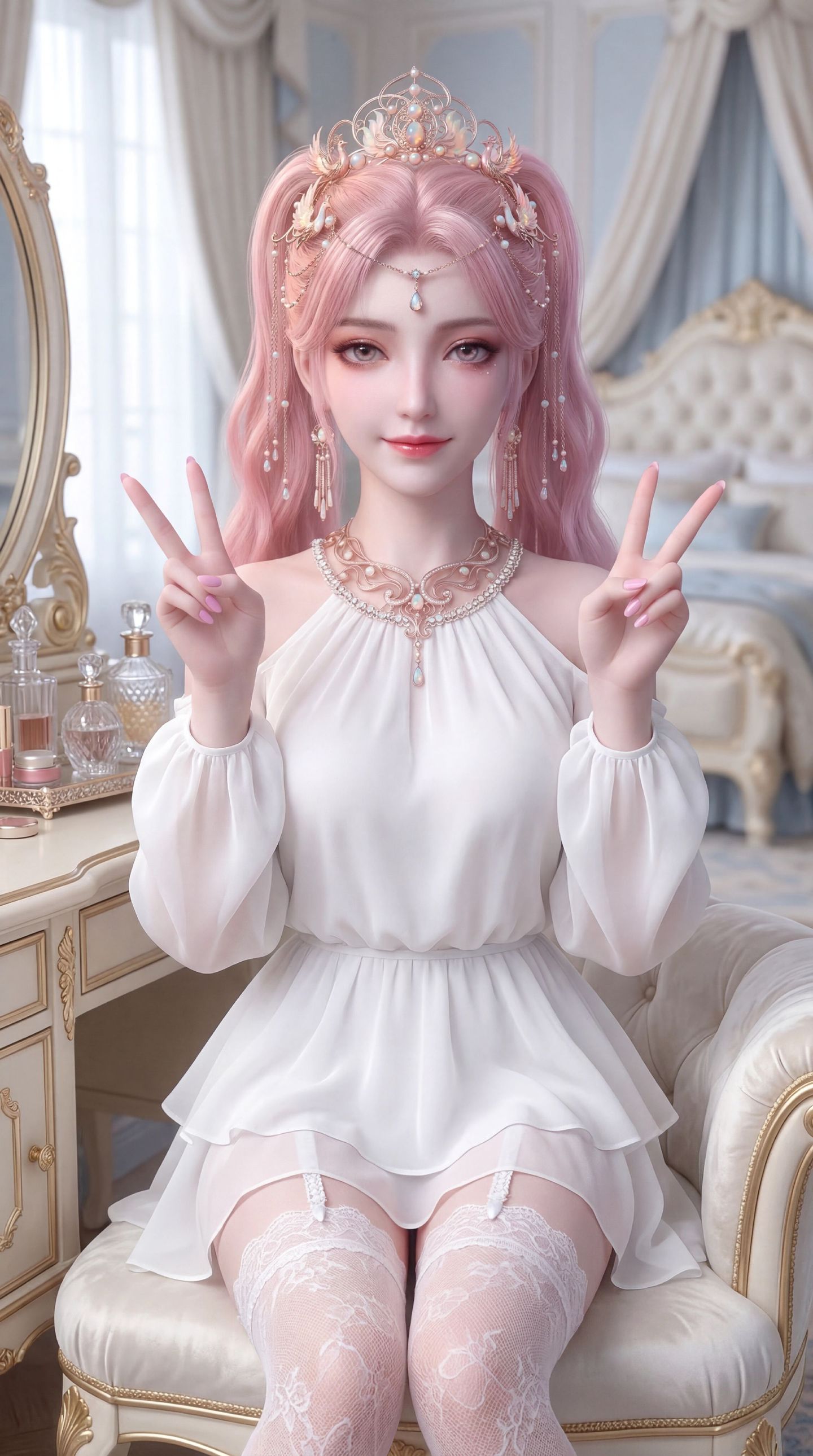 动漫壁纸粉色系 楚夭凝 高清美图 洁白美女 清纯可爱 蕾丝袜