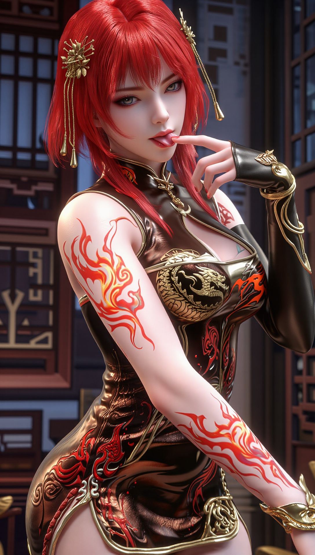 旗袍 超高清 百炼成神 朱绾 红发黑金旗袍 国漫女神壁纸 性感动漫角色